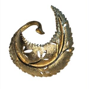 Vintage Signed BSK Leaf Brooch Pin Brushed Gold Tone Textured